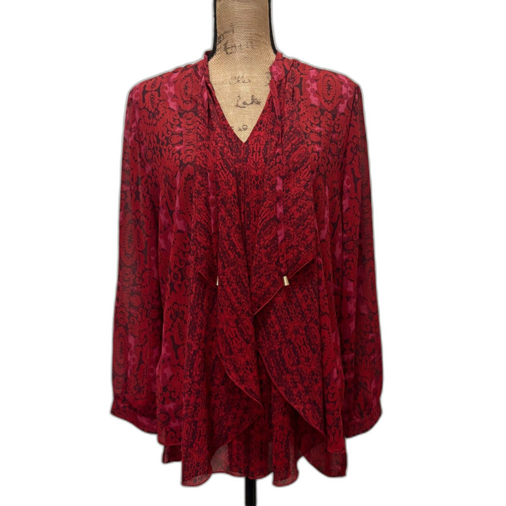 Chico's Romantic Ruffle Front Blouse Red Damask Floral Sheer Size Medium (1)